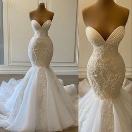 2023 Luxurious Lace Beaded Mermaid Wedding Dresses Sweetheart Bridal Gowns Crystal Beads Sequin Sweep Train Robe De Mariee Plus Size Sleeveless