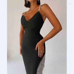 Casual Dresses Women Long Slim High Slit Black Tassel Sexy Party Evening Bodycon Dress Strap Sleeveless Y2K Waist Summer