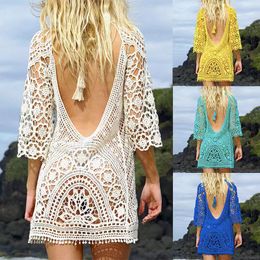 Woman Sexy Knit Beach Bikini Cover Ups Crochet Lace Bathing Suit Swimsuit Smock Knitting Swimwear Mesh Beach Dress Tunic Robe