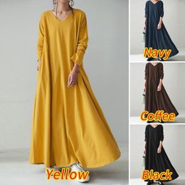 Casual Dresses Fall Maxi Dress Oversized Women V Neck Swing Solid Long Sleeve High Waist Daily Femme Winter Robe Baggy Tee