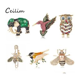 Pins Brooches Cute Owl Bird Bee For Women Animal Shapes Crystal Green Black Brooch Pins Badges Clothes Bags Female Jewelry Drop Deli Dhsoj