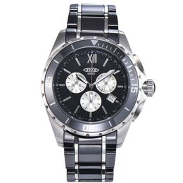 New Men Quartz Watch Black Ceramic Two-tone Stainless Steel Back Dial Silver Hands chronograph268s