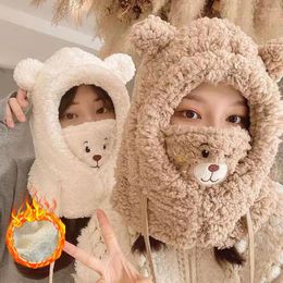 Berets Cartoon Bear Ear Beanie Hat With Mask Warm Balaclava Winter Thickened Protection Autumn Cap For Women Girl