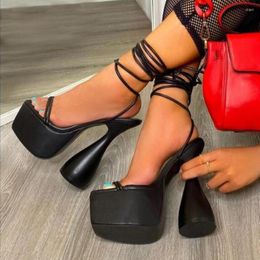 Dress Shoes 2022 Fashion Platform Pumps Pink Green Cross Straps Sandals Club Female Thick-soled Strange High-heeled Party