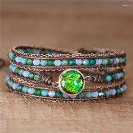 Charm Bracelets Multilayers 3 Strands Bling Green Crystal Teengirls Opal Beads Leather Wrap Bracelet Bohemian Jewellery Bijoux Drop