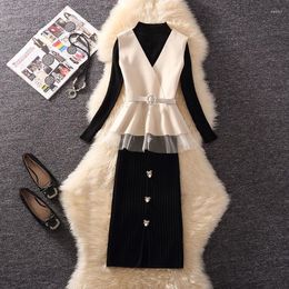 Work Dresses 2022 Women Autumn Winter Three-piece Suits Female Slim Knit Tops Vest Ladies High Waist Package Hip Skirts R454