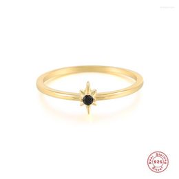 Cluster Rings S925 Sterling Silver Eight Pointed Star Black CZ Zircon Ring Anillos Gold Plated For Women Luxury Fashion Fine Jewellery