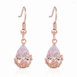 Dangle Earrings Rose Gold Tone Elegant Flower Carving Zircon Diamonds Gemstones Drop For Women Fashion Brincos Jewelry Bijoux Party
