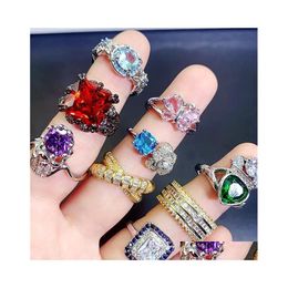 Solitaire Ring S925 Sier Stone Micro Inlaid Semiprecious Colored Zirconium Rings Real Gold Plated Fashion Vintage Gems Female Drop D Dhu7H