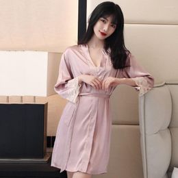 Women's Sleepwear Faux Silk Satin Bride Bridesmaid Wedding Robe Women Two Piece Set Lace Intimate Lingerie Kimono Gown Sexy Homewear