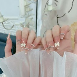 False Nails 24PCS Rhinestone Inlaid Nail Patch Glue Type Removable Long Manicure Save Time Bowknot Cute Set