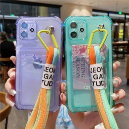 Neon Fluorescent Colour Strap Cord Chain Phone Case For iPhone 13 14 12 11 Pro Max XR X XS Max 7 8 Plus Shockproof Card Bag Cover