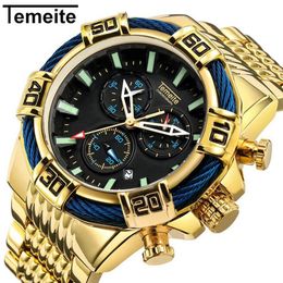 Top Brand Temeite New Quartz Analog Watches Big Dial Gold Clock Men Business Military Wristwatches Men Relogio Masculino289o