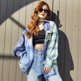 Women's Blouses 2022 Spring Hip Hop Shirt Loose Fashion Tops Blue Plaid Patchwork Brand Design Girls Korean Style Gothic Streetwear