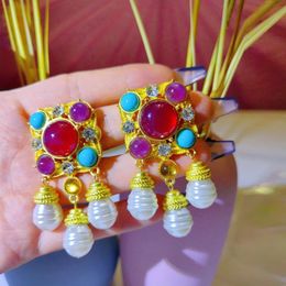 Dangle & Chandelier 2022 Pearl Drop Earrings for Women Trendy Gold Metal Circle Resin Long Earring Retro Jewelry