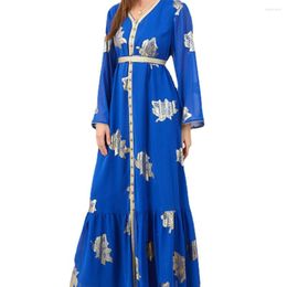 Ethnic Clothing Muslim Abaya Dress Dubai Button Tape Trim Belted Kaftan Split Hem Long Print Turkey Arabic Oman Moroccan Caftan 2022