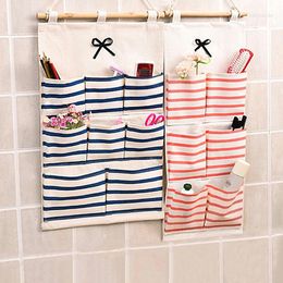 Storage Boxes Multi-pockets Striped Wall Hanging Linen Cotton Bag Bathroom Shelf Pouch UND Sale