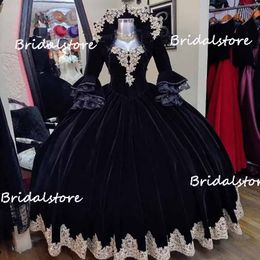 Black Velvet Victorian Gothic Wedding Dress 2023 With Jacket Puff Sleeve Arabic Gold Lace Church Women Gown Celtic Greek Bride Party Dress Flare Vintage Bridal