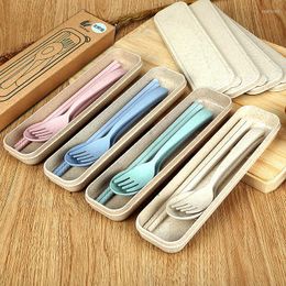 Dinnerware Sets 3Pcs/Set Spoon Fork Chopsticks Cutlery With Box Portable Safe Wheat Straw Tableware Set Children's Small Gift