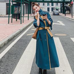 Women's Trench Coats Women Coat Female Long Spring Autumn Korean Jacket Loose Peacock Blue Double Breasted Stitching Colour Fashion Clothing