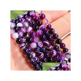 Jade 4Mm 6Mm 8Mm 10Mm 12Mm Natural Purple Striped Agate Stones Round Spacer Loose Beads For Necklace Bracelet Charms Jewellery Making Dhe72