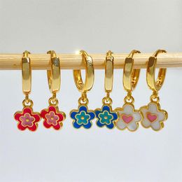 Hoop Earrings 2022 Spring Colour Sweet Emanel Flower Heart Pink Blue White Huggie For Girls Gold Plated Brass Dangle Earring