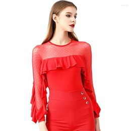 Stage Wear Professional High Quality Fashion Women Girls Long Sleeve Sexy Mesh Red Ballet Latin Ballroom Dance Leotard Top