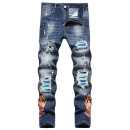 Men's Jeans Flame Printed Biker Jeans Streetwear Cracked Pleated Patch Patchwork Stretch Denim Pants Holes Ripped Slim Tapered Trousers