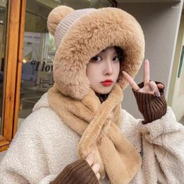 Berets Autumn And Winter Hat Gloves Integrated Adult Ladies Warm Knitted Two -color Twist Plush Women's 2022