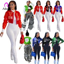 Women's Jackets Varsity Letter Patchwork Women Crop Jacket Button Up All Match Coat 2022 Autumn Winter High Street Overcoat Motorbike Outerwear T221220