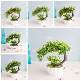 Decorative Flowers 19x19cm Artificial Mini Roses Flower Bonsai Green Small Tree White Potted Fake Plants Home Garden Bedroom Party Decor