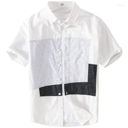 Men's Casual Shirts Summer Men Short Sleeve Japan Style Cotton Plaid Stitching Male High Quality Harajuku Loose Shirt Mens Tops