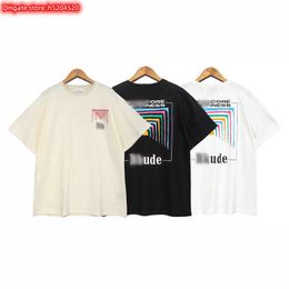 0QJQ Men's t Shirt 2023 New Fashion Brand Rhude Super Fire Summer Short Sleeve Cigarette Box Square Array Abstract Colour Tunnel Printed Loose Casual