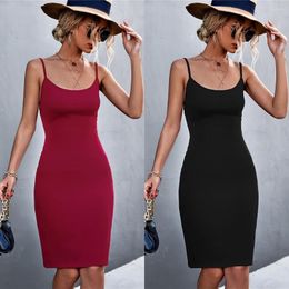 Casual Dresses 2 Colours Basic Women Backless Tight Long Tanks Camisole Tank Top Dress Slip With Spaghetti Strap Red Black Solid Colour