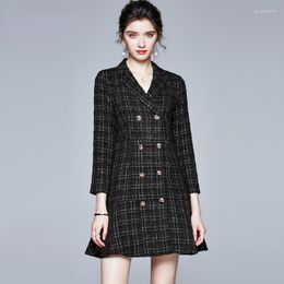 Casual Dresses Winter Autumn Vintage Tweed Plaid Dress High Quality Women Notched Long Sleeve Double Breasted Office Blazer Coat