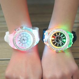 rhinestone Luminous 11 color led watches usa fashion trend of male and female students couple jelly Geneva Transparent Case Silica272Q