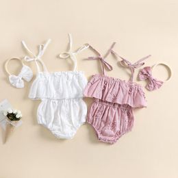 Rompers Born Baby Girls Outfit Set Tie-up Spaghetti Straps Ruffle Layered Elastic Waist Lace Flower Romper With Headband