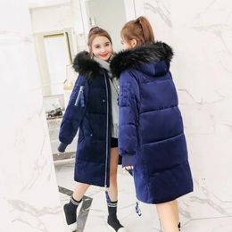 Women's Trench Coats 2022 Golden Velvet Winter Down Jacket For Women Hooded False Fur Warm Thicken Female Cotton Long Loose Puffer Jackets