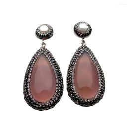 Stud Earrings Y.YING Real Pink Agate Teardrop Dangle Black Crystal Pave Pearl