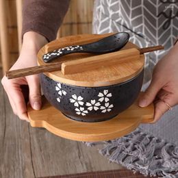 Bowls Japanese Ceramic Ramen Bowl With Wooden Cover Spoon Chopstick Dining Room Rice Noodles Salad Tableware Kitchen Container