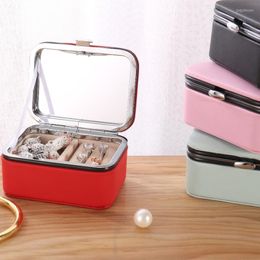 Jewelry Pouches Mini Portable Box Mirror Stud Earrings Jewellery Bracelet Storage Organizer Leather Display Travel Case Gift