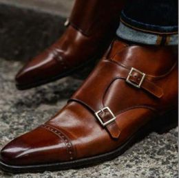 Monk-Stiefel mit doppelter Schnalle, braun, Business-Stiefeletten mit quadratischer Zehenpartie für Herren, mit kurzen Stiefeln, Zapatos Para Moto Hombre