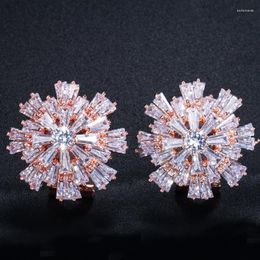 Stud Earrings ThreeGraces Luxury Rose Gold Color Women Jewelry Cubic Zirconia Big Large Flower With CZ Crystal Stone ER064