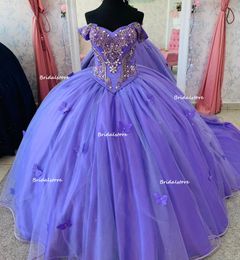 Cinderella Lilac Quinceanera Dresses 2023 Butterfly Beaded Crystal Sweet 15 Year Old Dress Off Shoulders Ball Gown Prom Dress XV Vestidos De 15 Anos Robe Bal Medieval