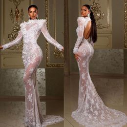 Elegant Lace Mermaid Wedding Dresses Sexy High Neck Long Sleeve Vestidos De Noiva Illusion Backless Bridal Gown Custom Made