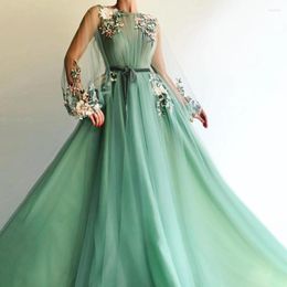 Party Dresses High Neck With Puffy Long Sleeves Green Prom Dress Multi Colour Applique Lace Evening Belt Vestido De Noiva Simples