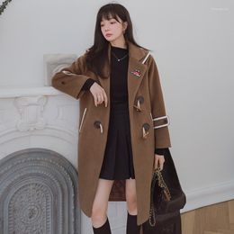 Women's Wool Women's Woollen Coat Long Autumn Winter College Style Horn Buckle Detachable Navy Collar Thickened Loose Brown Fashion