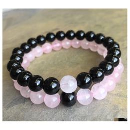 Beaded Natural Stone 8Mm Black Onyx Bracelet Rose Quartz Gemstone Beads Elastic Gifts Drop Delivery Jewelry Bracelets Dhq4T