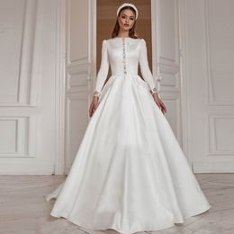 Eleganti abiti islamici A Line per abiti da sposa con bottoni in raso Abito da sposa musulmano 2023 Arabo Dubai Chiesa Abiti da sposa 326 326