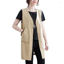 Women's Vests 2022 Summer Kroean Style Sleeveless V-neck Women Vest Cotton Linen Open Stitch Solid Colour Female Casual Loose Jacket